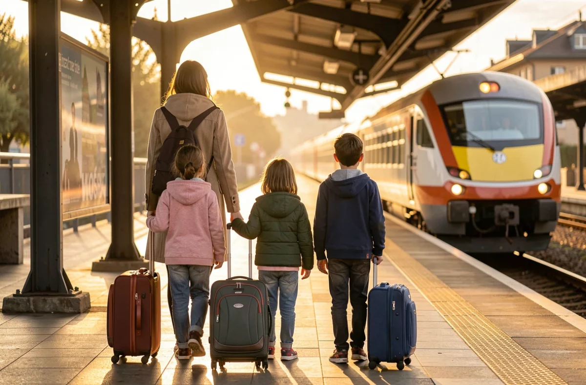 Famille avec trois enfants et valises sur un quai de gare