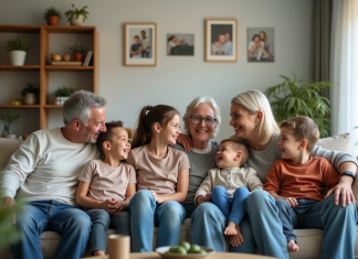 Dynamiques familiales saines : comment les cultiver pour une harmonie familiale ? Famille multigenerational partageant un moment convivial dans le salon