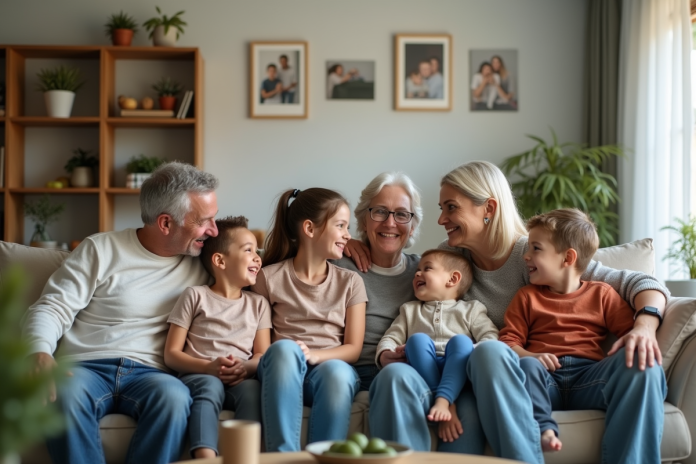 famille-conviviale-salon Famille multigenerational partageant un moment convivial dans le salon