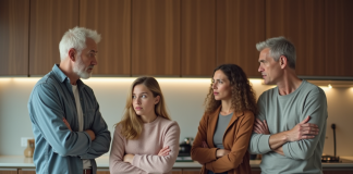 Famille multigenerational dans une cuisine moderne en pleine discussion