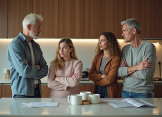 Famille multigenerational dans une cuisine moderne en pleine discussion