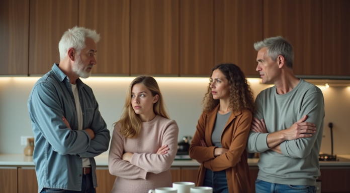 Famille multigenerational dans une cuisine moderne en pleine discussion