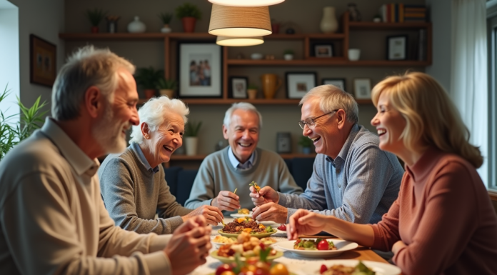 Trois générations de famille partageant un repas convivial