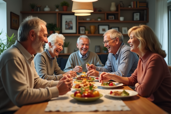 famille-generations-repas Trois générations de famille partageant un repas convivial