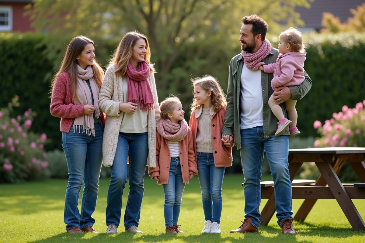 Famille dehors dans un jardin au printemps en discussion