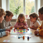 Famille moderne jouant à un jeu de société en famille