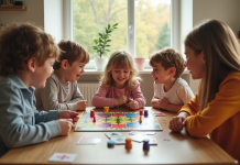 Famille moderne jouant à un jeu de société en famille