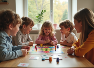 Famille moderne jouant à un jeu de société en famille