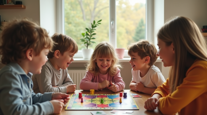 Famille moderne jouant à un jeu de société en famille