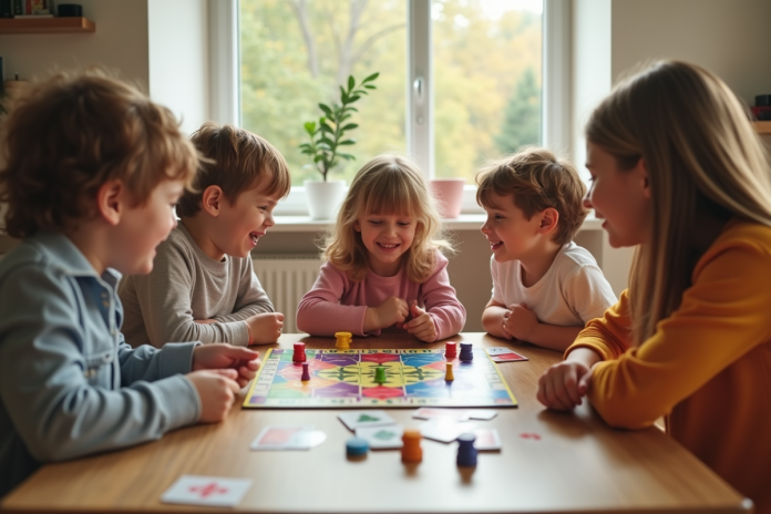 Famille moderne jouant à un jeu de société en famille