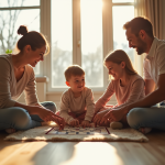 Famille jouant à un jeu de société dans le salon lumineux