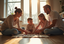 Famille jouant à un jeu de société dans le salon lumineux