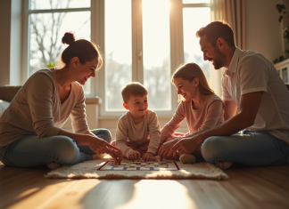 Famille jouant à un jeu de société dans le salon lumineux