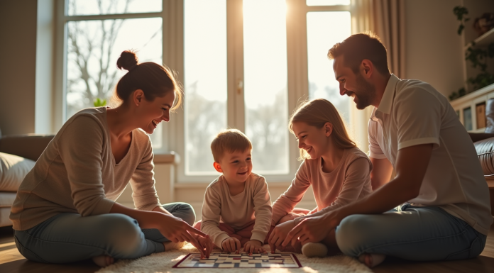 Famille jouant à un jeu de société dans le salon lumineux