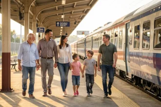 Famille nombreuse marchant sur le quai d'une gare