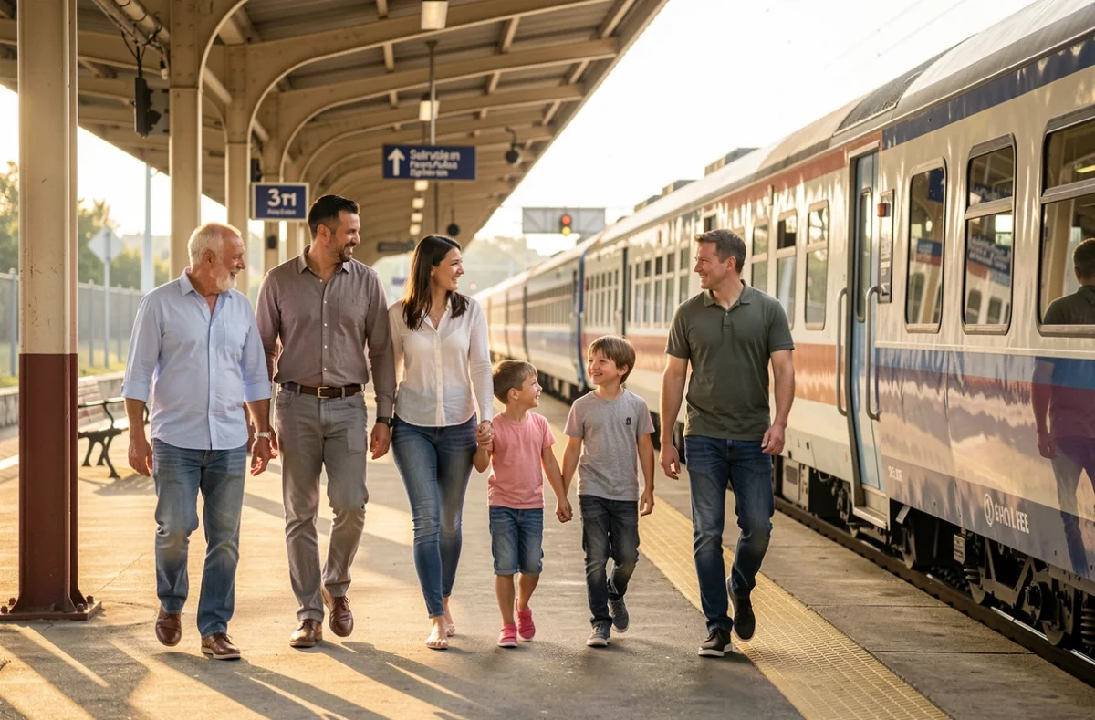 Famille nombreuse marchant sur le quai d'une gare