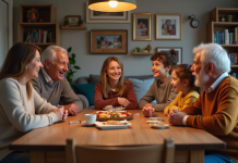 Valeurs familiales : quels messages sont véhiculés par la famille ? Famille réunie autour d'une table en intérieur chaleureux