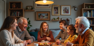 Valeurs familiales : quels messages sont véhiculés par la famille ? Famille réunie autour d'une table en intérieur chaleureux