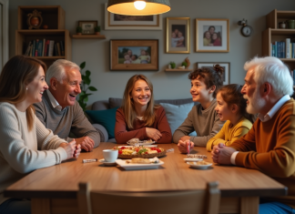 Famille réunie autour d'une table en intérieur chaleureux