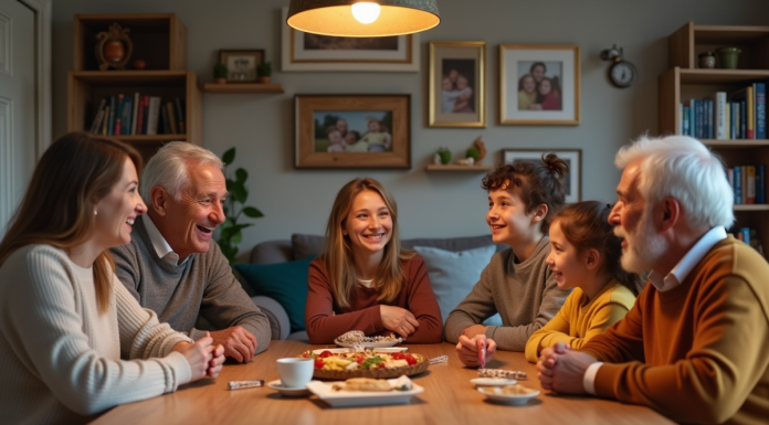 Valeurs familiales : quels messages sont véhiculés par la famille ? Famille réunie autour d'une table en intérieur chaleureux