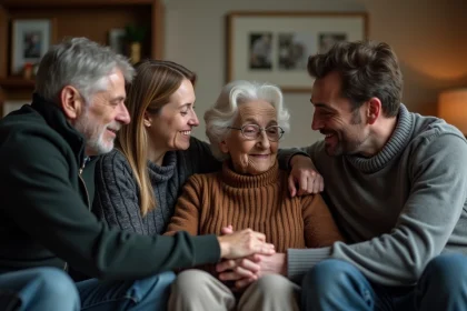Famille réunie dans un salon pour se soutenir mutuellement après le décès d'une tante bien-aimée