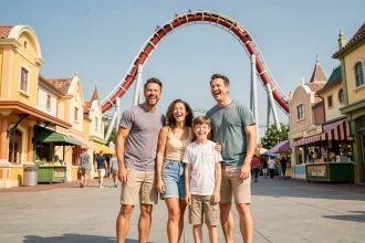 Famille avec enfants souriants devant un grand roller coaster coloré au parc Walibi Rhône-Alpes par une belle journée d'été