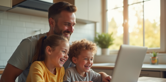 Famille souriante utilisant un ordinateur portable à la cuisine