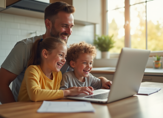 Les atouts de l’ENT Auvergne-Rhône-Alpes pour les parents d’élèves Famille souriante utilisant un ordinateur portable à la cuisine