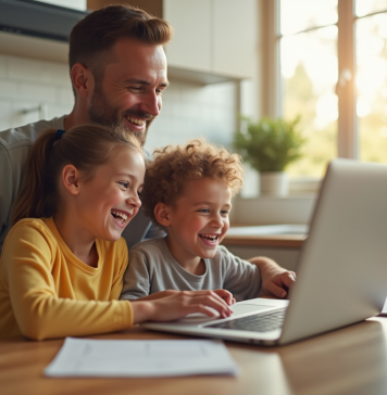 Famille souriante utilisant un ordinateur portable à la cuisine