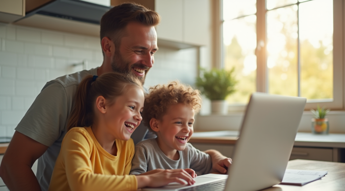 Famille souriante utilisant un ordinateur portable à la cuisine