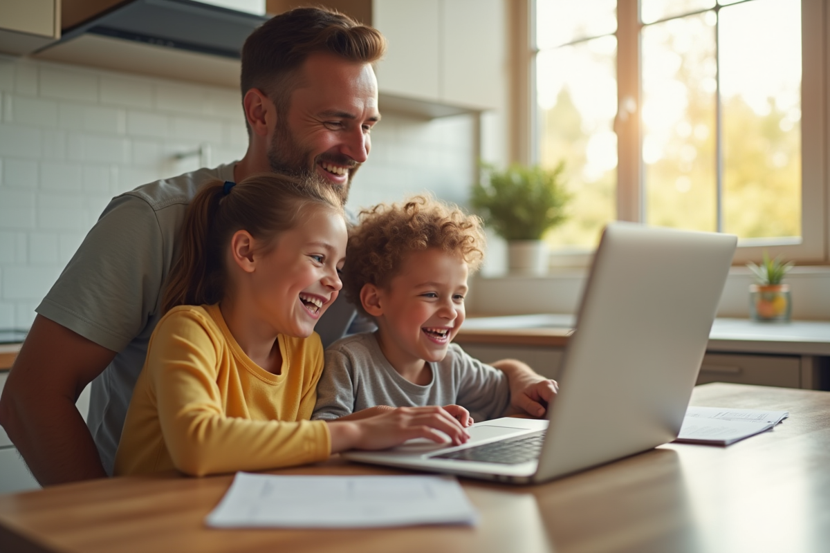 Famille souriante utilisant un ordinateur portable à la cuisine