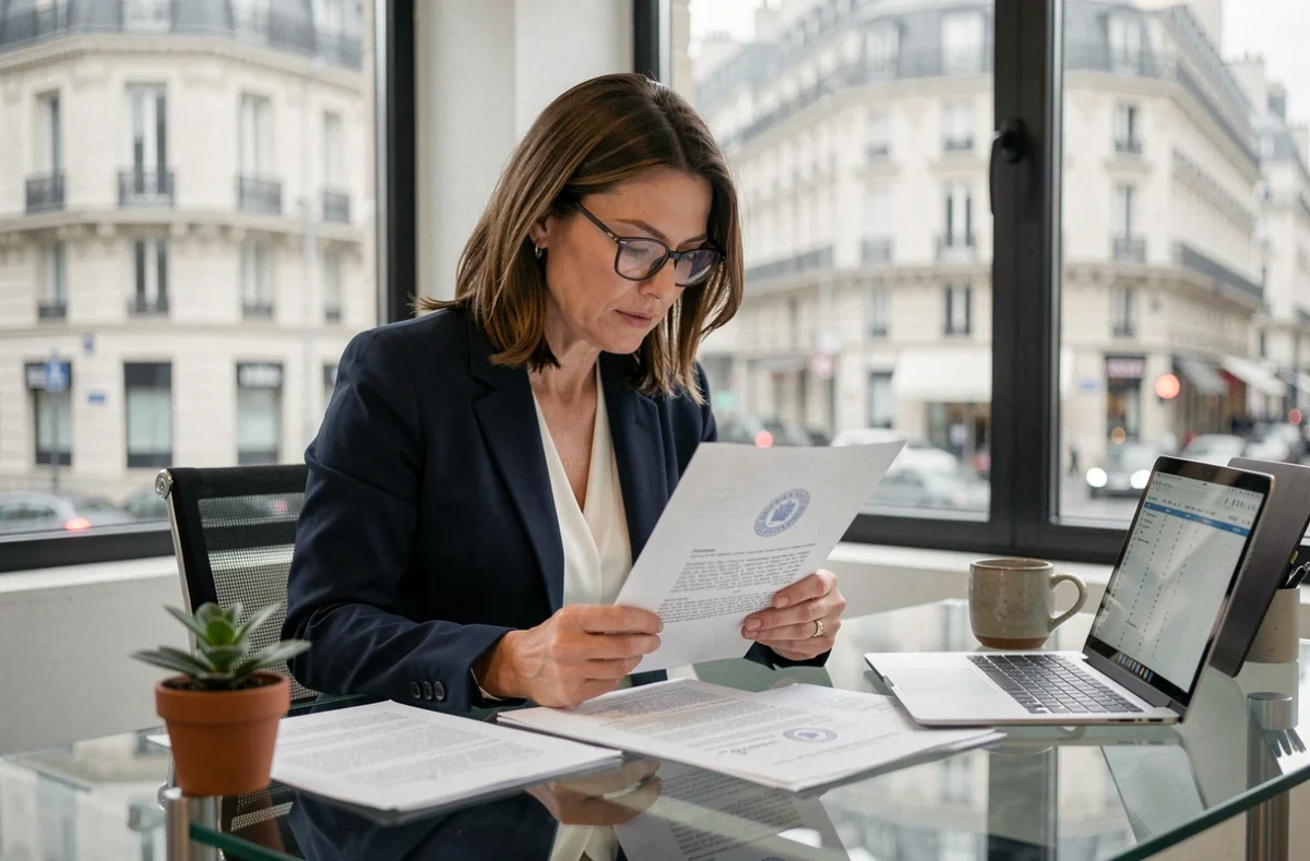 Femme d'affaires étudiant un document juridique relatif à l'article 1832-2 du Code civil dans un bureau moderne