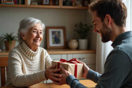 Femme agee offrant un cadeau à un jeune homme souriant