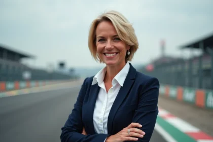 Femme blonde élégante souriante près d'un circuit automobile, portrait éditorial