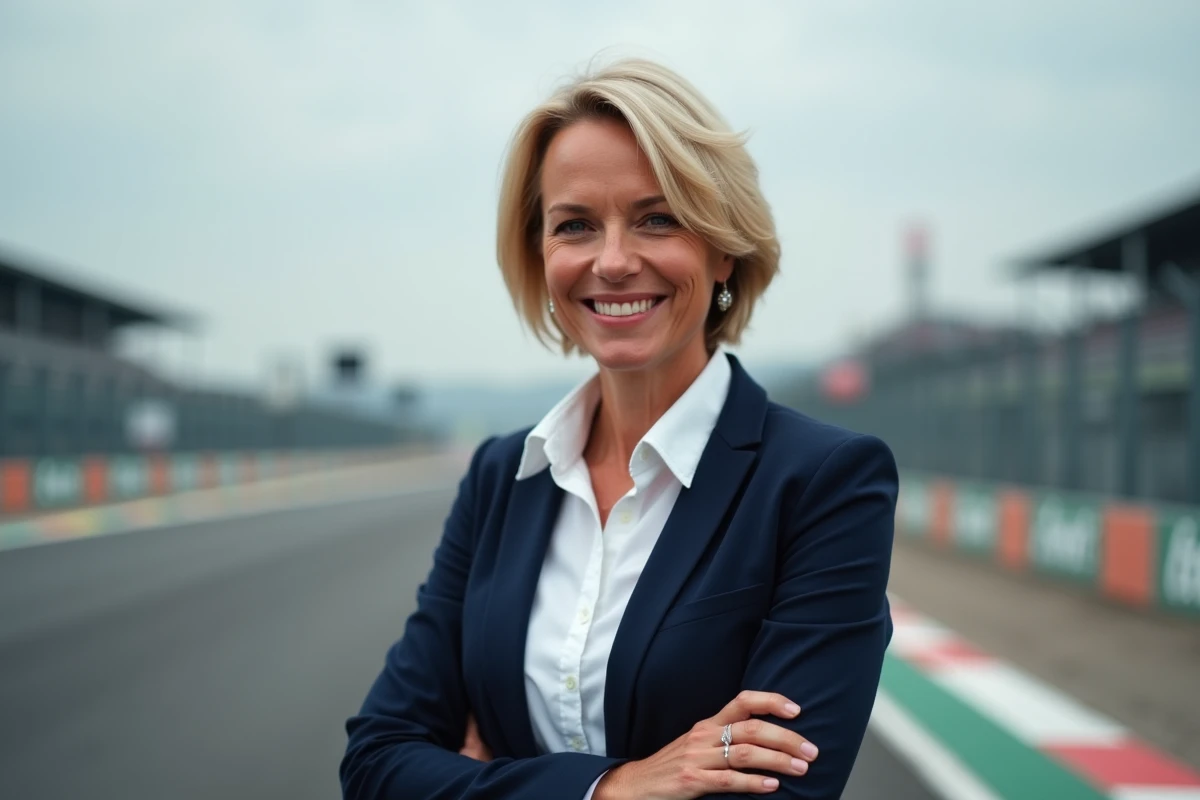 Femme blonde élégante souriante près d'un circuit automobile, portrait éditorial