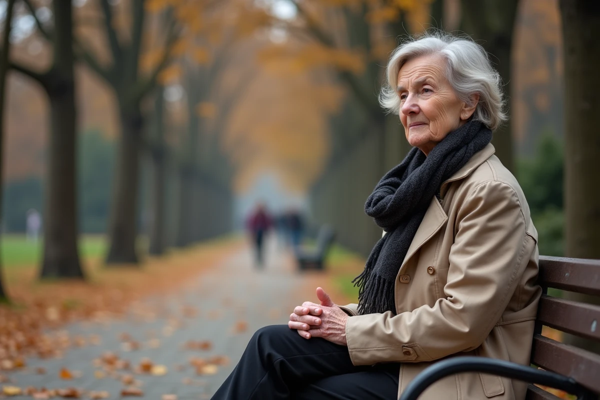 Femme d'âge mûr assise seule sur un banc en automne, visage mélancolique, illustrant la souffrance et la culpabilité d'une mère face à l'éloignement de son fils adulte