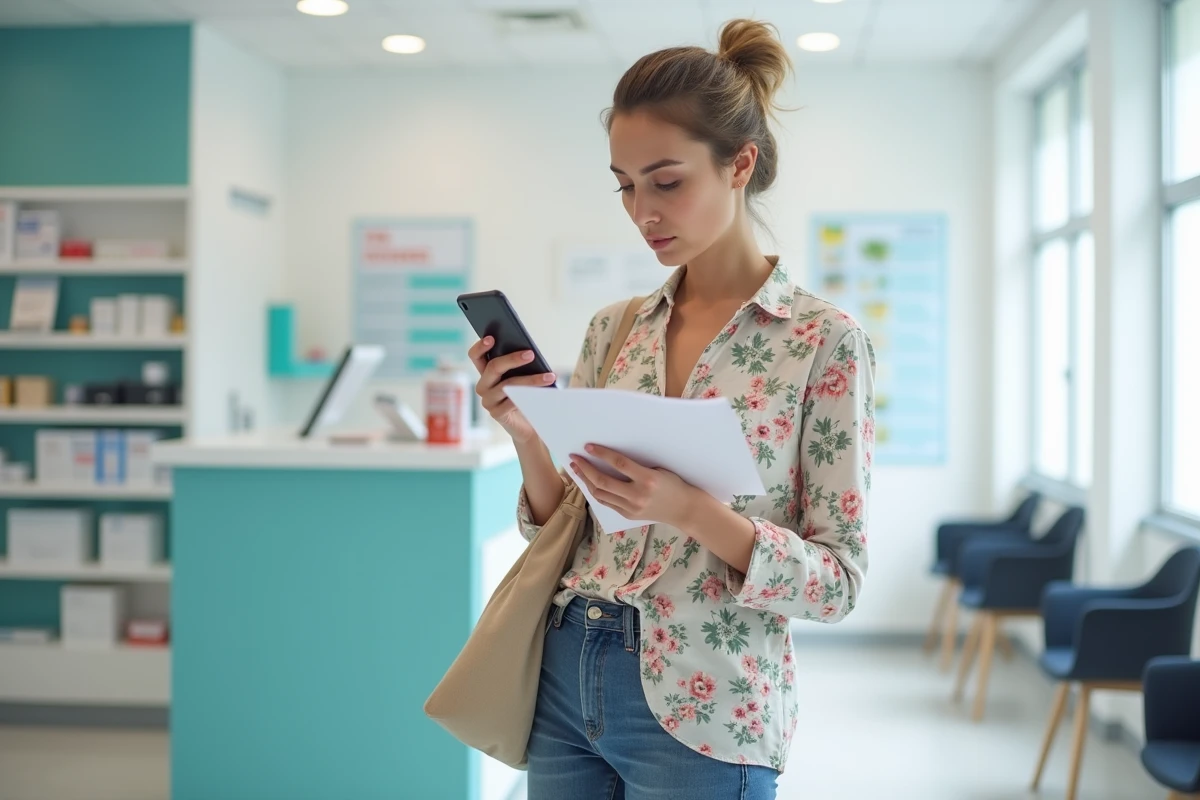 Femme en congé maternité vérifiant des informations sur ses droits d'allaitement sur son téléphone dans une salle d'attente médicale