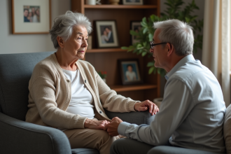 Femme âgée assise avec un homme dans un salon chaleureux