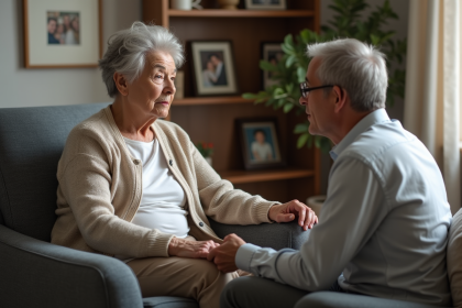 Femme âgée assise avec un homme dans un salon chaleureux