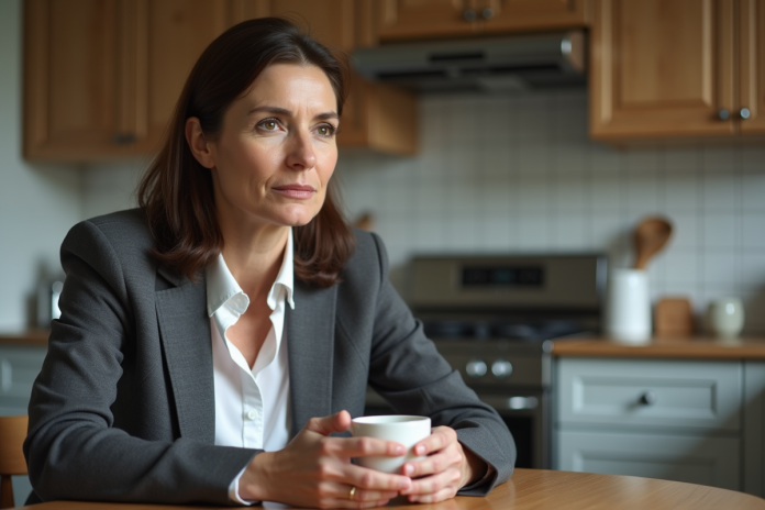 femme-introspective-cuisine Femme d'âge moyen dans une cuisine élégante et lumineuse
