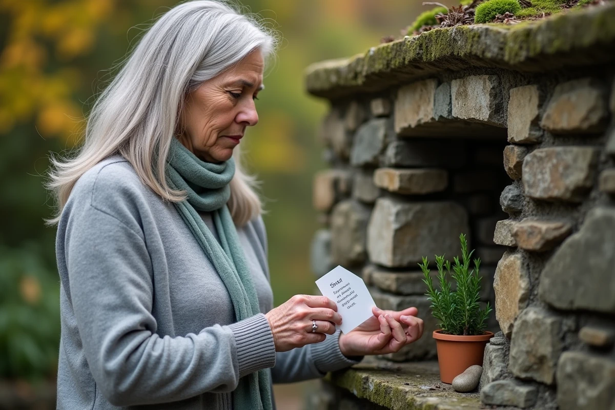 Femme déposant une carte en papier ensemencé sur un mémorial naturel en pierre, alternative écologique aux bougies de deuil