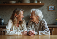 Femme et mère discutent dans la cuisine chaleureuse
