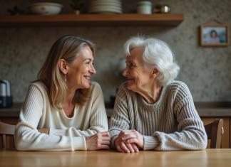Relations parents-enfants : suis-je responsable de mes parents ? Femme et mère discutent dans la cuisine chaleureuse