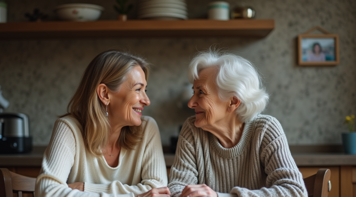 Relations parents-enfants : suis-je responsable de mes parents ? Femme et mère discutent dans la cuisine chaleureuse