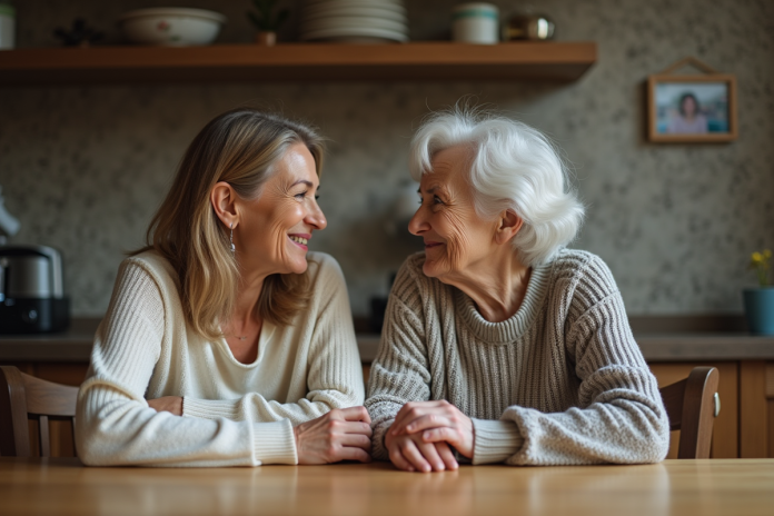 Femme et mère discutent dans la cuisine chaleureuse