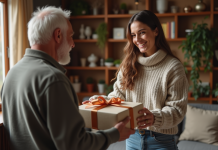 Cadeau le plus offert : découvrez cette tendance mondiale ! Femme souriante offrant un cadeau à un vieil homme dans un salon chaleureux