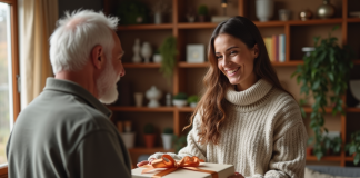 Cadeau le plus offert : découvrez cette tendance mondiale ! Femme souriante offrant un cadeau à un vieil homme dans un salon chaleureux