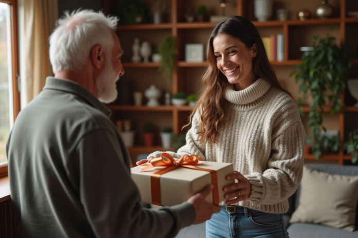 femme-offrant-cadeau-vieil-homme Femme souriante offrant un cadeau à un vieil homme dans un salon chaleureux