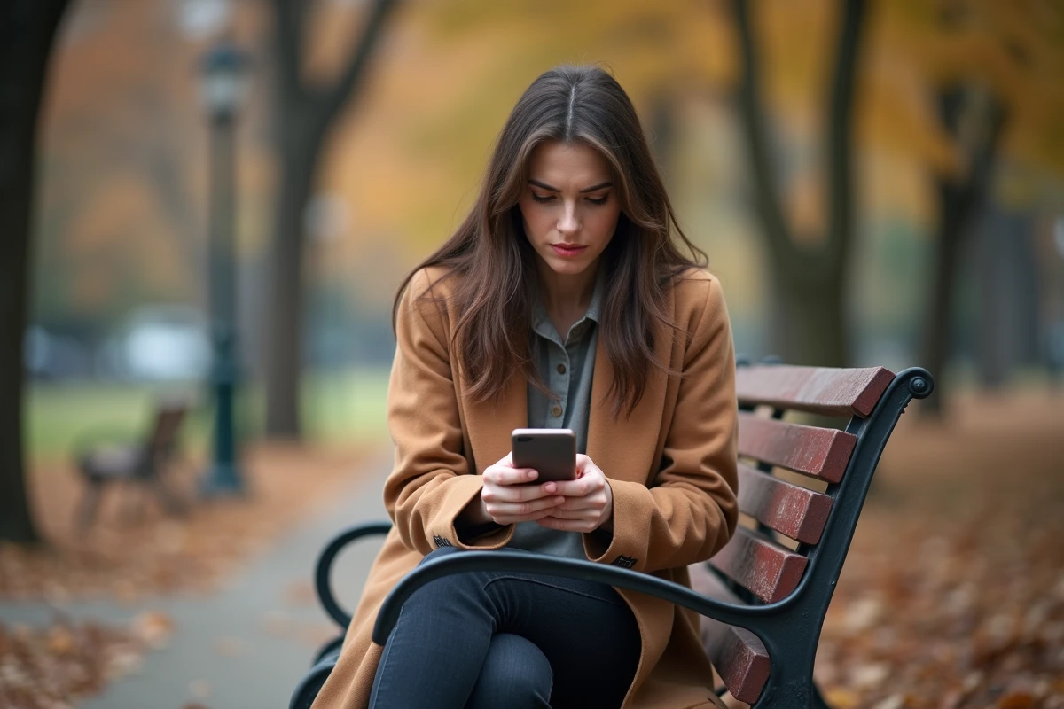 Femme assise sur un banc de parc, hésitant à envoyer un message après une dispute, solitude et réflexion