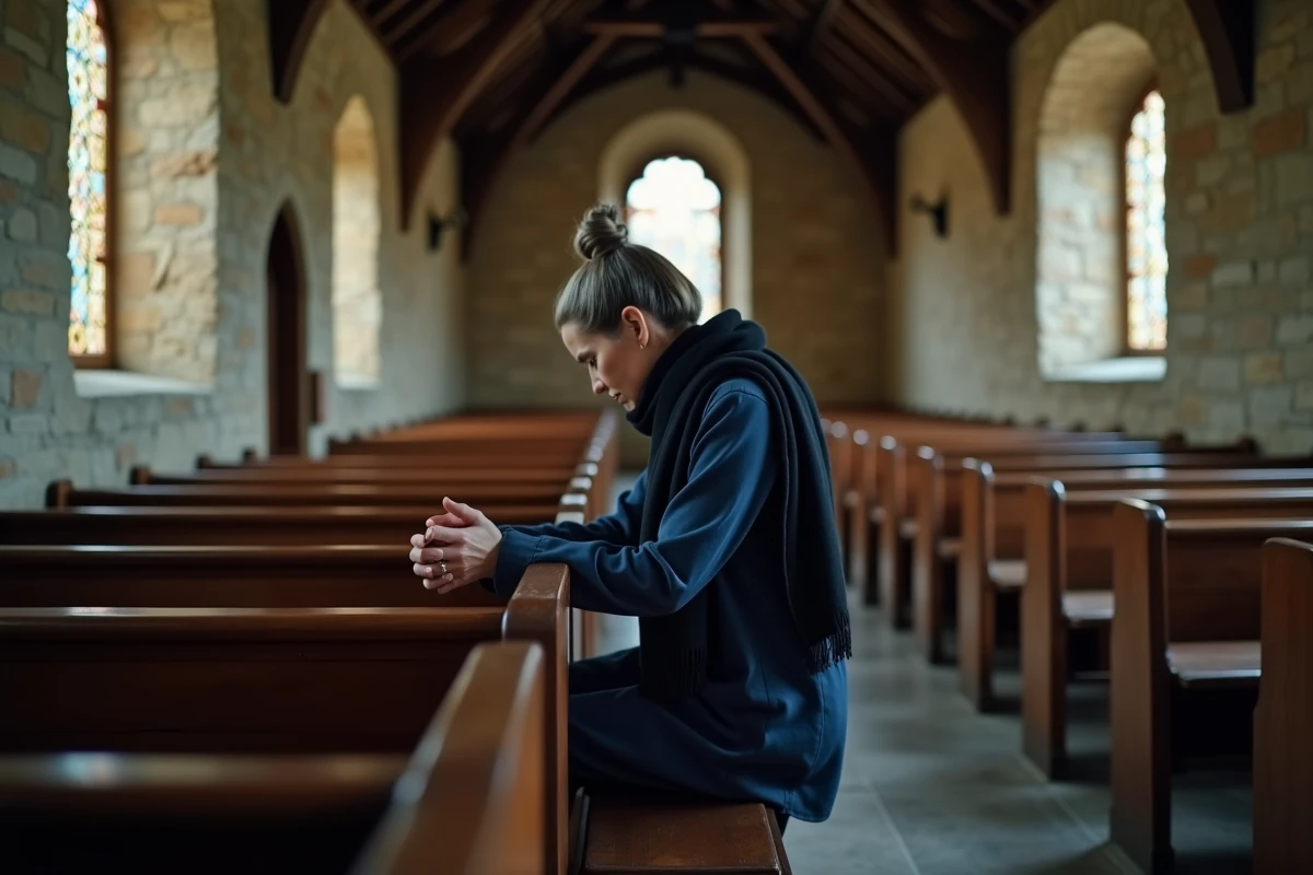 Femme en deuil en prière solitaire dans une petite chapelle en pierre, atmosphère recueillie et spirituelle
